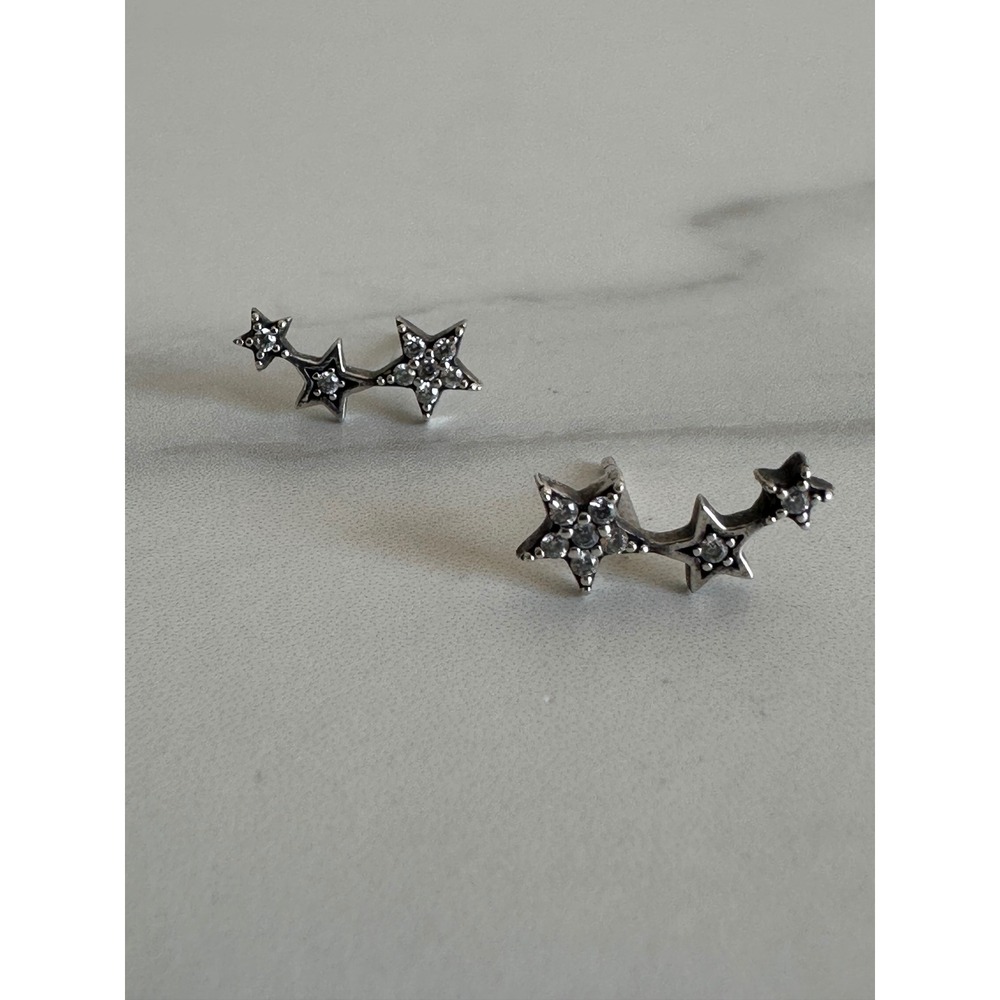 Sterling Silver 925 Triple Star Ear Crawler Stud Earrings Cubic Zirconia Pavé